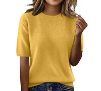 Short Sleeve Jumpers for Women Crew Neck Sweaters Textured Cable Knit Elegant Jumper Lightweight Spring Summer Pullover T-Shirt Tunic Top Ladies Shirts Everyday Outfits Yellow