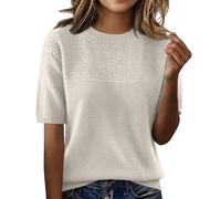 Short Sleeve Jumpers for Women Crew Neck Sweaters Textured Cable Knit Elegant Jumper Lightweight Spring Summer Pullover T-Shirt Tunic Top Ladies Shirts Everyday Outfits Beige