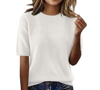 Short Sleeve Jumpers for Women Crew Neck Sweaters Textured Cable Knit Elegant Jumper Lightweight Spring Summer Pullover T-Shirt Tunic Top Ladies Shirts Everyday Outfits White