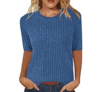 Short Sleeve Jumpers for Women UK Oversized Crew Neck Casual Lightweight Ribbed Knit Sweaters Summer Cute Trendy Clothes 2025 Teens Ladies Solid Basic Soft Knitwear Jumpers Pullover Tops