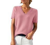 Short Sleeve Jumpers for Women V Neck Petite Lightweight Spring Autumn Fine Knitted Slim Fit Going Out Tshirt Pullovers Fashion Ladies Tops Stretch Soft Knitwear Basic Sweaters Pink