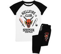 Stranger Things Kids Pyjama Set | Hellfire Club Short Sleeve T-Shirt and Black Loungepants PJs For Boys & Girls | Eddie Eleven Mike Dustin Max Members | Co-Ord Nightwear Netflix Series Merchandise