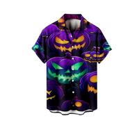 Short Sleeve Loose Sleeve V Neck Halloween Casual Comfortable Fashion Loose Button Lapel Full Print Shirt T Shirt Plus (C, L)
