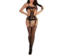 Short Sleeve Night Gown Women Sexy Mesh BodyStocking Fishnet Lingerie Long Sleeve Bodysuits Jumpsuit Underwear Nightwear Sheep Nightgown (Black, One Size)