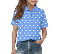 Short Sleeve Polka Dot Shirt for Girls Classic Collared Button Down Top Casual Loose Fit Soft Fabric Blue