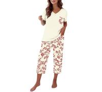 Short Sleeve Pyjamas For Women 2 Piece Short Sleeve Floral Print Pyjama Set Soft Comfy Cotton V Neck Loungewear Tops and Capri Pants with Pockets Lightweight Breatheable Sleepwear Nightwear Red