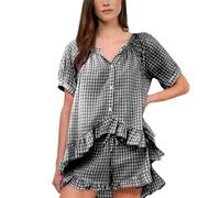 Short Sleeve Pyjamas Sets For Women Pink - Cotton Pyjamas For Women Uk With Cropped Trousers - Ruffle Trim T Shirt And Casual Shorts Set V Neck Plaid Printed Summer Nightie Loose Fit Loungewear