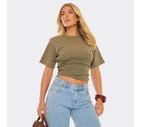 Short Sleeve Seam Under Bust Detail Fitted T-Shirt In Khaki Green, Women's Size UK 8