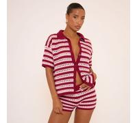 Short Sleeve Shirt In Red And Pink Stripe Crochet Knit, Women's Size UK Large L