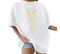 Short Sleeve Shirt Women,Women'S Oversized Crew Neck Short Sleeve 80S Letter Printed Bow Flowers Sun Moon Pattern Summer Blouse Tops Retro 80S Casual Loose Basic Tee Shirt