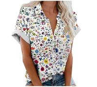 Short Sleeve Shirts for Women V Neck Collared Button Down Blouses Womens Summer Tops Casual Loose Single-Breasted Blouse Floral Print Hawaiian Shirts Holiday Beach Tunic Tops with Pocket
