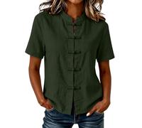 Short Sleeve Shirts for Women Vintage Ethnic Style Button-Down Shirt with Fold Buttons Ladies Oriental Tops Lightweight Summer Blouses Traditional Chinese Clothing Casual Wear Army Green