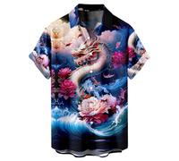 Short Sleeve Shirts Men Chinese Dragon Print Button Down Shirts Summer Casual Shirt Lightweight Regular Fit Turn-Down Collar Tops Funny T Shirts Adult Hawaiian Vacation Shirt for Beach Holiday