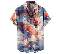 Short Sleeve Shirts Men Chinese Dragon Print Button Down Shirts Summer Casual Shirt Lightweight Regular Fit Turn-Down Collar Tops Funny T Shirts Adult Hawaiian Vacation Shirt for Beach Holiday
