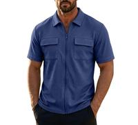 Short Sleeve Shirts Men Full Zip Waffle Tops with Flap Pockets Turn Down Collar Solid Color Summer Top Men's Zipper Plain Tee Shirts Fashion Business Work Office Lightweight Everyday Blouse Navy