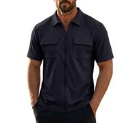 Short Sleeve Shirts Men Full Zip Waffle Tops with Flap Pockets Turn Down Collar Solid Color Summer Top Men's Zipper Plain Tee Shirts Fashion Business Work Office Lightweight Everyday Blouse Black