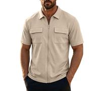 Short Sleeve Shirts Men Full Zip Waffle Tops with Flap Pockets Turn Down Collar Solid Color Summer Top Men's Zipper Plain Tee Shirts Fashion Business Work Office Lightweight Everyday Blouse Khaki