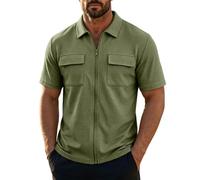 Short Sleeve Shirts Men Full Zip Waffle Tops with Flap Pockets Turn Down Collar Solid Color Summer Top Men's Zipper Plain Tee Shirts Fashion Business Work Office Lightweight Everyday Blouse