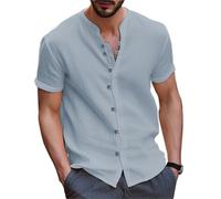 Short Sleeve Shirts Men Men's Collarless Short Sleeve Polo Shirt Men's Beach Style Casual Collarless T-Shirt Garment Top(Dark Grey,L)