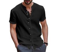 Short Sleeve Shirts Men Men's Collarless Short Sleeve Polo Shirt Men's Beach Style Casual Collarless T-Shirt Garment Top(Black,S)