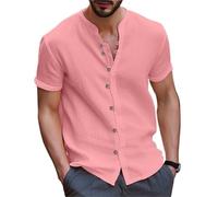 Short Sleeve Shirts Men Men's Collarless Short Sleeve Polo Shirt Men's Beach Style Casual Collarless T-Shirt Garment Top(Pink,S)