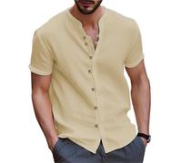Short Sleeve Shirts Men Men's Collarless Short Sleeve Polo Shirt Men's Beach Style Casual Collarless T-Shirt Garment Top(Khaki,M)