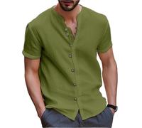 Short Sleeve Shirts Men Men's Collarless Short Sleeve Polo Shirt Men's Beach Style Casual Collarless T-Shirt Garment Top(Green,XL)