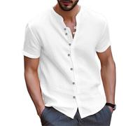 Short Sleeve Shirts Men Men's Collarless Short Sleeve Polo Shirt Men's Beach Style Casual Collarless T-Shirt Garment Top(White,XXL)