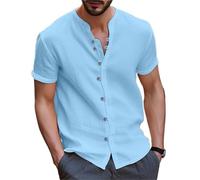 Short Sleeve Shirts Men Men's Collarless Short Sleeve Polo Shirt Men's Beach Style Casual Collarless T-Shirt Garment Top(Royal Blue,S)