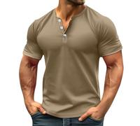 Short Sleeve Shirts Men, Men's Henleys T-Shirt Short Lightweight Relaxed Fit Casual Round Neck Shirts Muscle Fit for Men Clothes Christmas Shirts UK Henley (L, Khaki)
