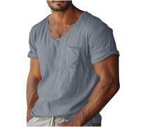 Short Sleeve Shirts Men Scoop Neck Chest Pocket Relaxed Fit Breathable Stretch Comfortable Tshirt Casual Daily Summer Outdoor Casual Vacation Top (Grey, XL)