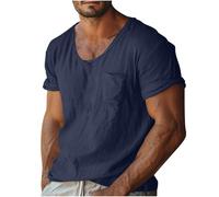 Short Sleeve Shirts Men Scoop Neck Chest Pocket Relaxed Fit Breathable Stretch Comfortable Tshirt Casual Daily Summer Outdoor Casual Vacation Top (Navy, M)