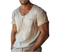 Short Sleeve Shirts Men Scoop Neck Chest Pocket Relaxed Fit Breathable Stretch Comfortable Tshirt Casual Daily Summer Outdoor Casual Vacation Top (Khaki, L)