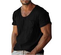 Short Sleeve Shirts Men Scoop Neck Chest Pocket Relaxed Fit Breathable Stretch Comfortable Tshirt Casual Daily Summer Outdoor Casual Vacation Top (Black, M)