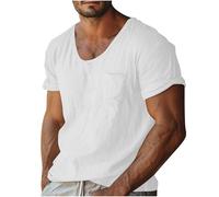 Short Sleeve Shirts Men Scoop Neck Chest Pocket Relaxed Fit Breathable Stretch Comfortable Tshirt Casual Daily Summer Outdoor Casual Vacation Top (White, L)