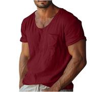 Short Sleeve Shirts Men Scoop Neck Chest Pocket Relaxed Fit Breathable Stretch Comfortable Tshirt Casual Daily Summer Outdoor Casual Vacation Top (Red, L)