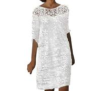 Short Sleeve Solid Tie Dress Boho Dresses for Women Summer Short Sleeve Lace Hollow Out Crew Neck White Casual Mini Dress Summer Dress with Sleeves