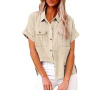 Short Sleeve T Shirt Women's Spring Autumn Casual Double Pocket Split Long Sleeve Cotton Shirt Top Cute Teen (Beige, S)