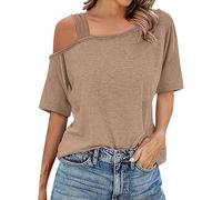 Short Sleeve T-Shirts for Women UK Loose Fit Lightweight Soft Solid Color Off The Shoulder Tops Ladies Summer Blouses for Party Wear 2025 Trendy Clothes Khaki L