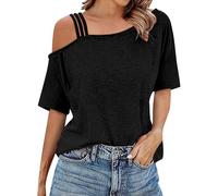Short Sleeve T-Shirts for Women UK Loose Fit Lightweight Soft Solid Color Off The Shoulder Tops Ladies Summer Blouses for Party Wear 2025 Trendy Clothes Black XXL