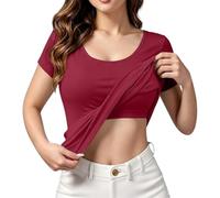 Short Sleeve T Shirts for Women UK Solid Casual Cropped Tops with Built in Padded Bra Plus Size Basic Stretchy Vest Tops Summer Athletic Sports Gym Shirts Going Out Outfits for Women Wine