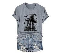 Short Sleeve Tee for Women Women's Happy Halloween Witch Hat Print Crew Neck T Shirt Yoga Shirt Women (Grey, XL)