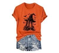 Short Sleeve Tee for Women Women's Happy Halloween Witch Hat Print Crew Neck T Shirt Yoga Shirt Women (Orange, XXL)