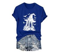 Short Sleeve Tee for Women Women's Happy Halloween Witch Hat Print Crew Neck T Shirt Yoga Shirt Women (Blue, XXL)