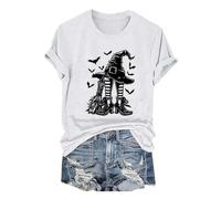 Short Sleeve Tee for Women Women's Happy Halloween Witch Hat Print Crew Neck T Shirt Yoga Shirt Women (White, M)