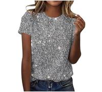 Short Sleeve Tops for Women UK Sale Clearance Ladies Sparkling Top Size 16 Summer Casual Blouse Elegant Gradient Sequins Print Tunic Tops Loose Fit Casual Pullover Tops Shiny Clubwear Shirts Party