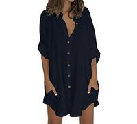 Short Sleeve Tops for Women UK Summer Long Sleeve Button Down Shirts Ladies Long Top Plain Loose Casual Blouses T-Shirt Beach Holiday Tees Oversized My Orders UK Dark Blue