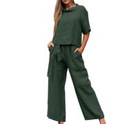 Short Sleeve Tracksuit Womens,Womens Two Piece Outfits Linen Suit Summer Outfits Women Short Sleeve Tops And Wide Leg Trouser Set Comfortable Solid Color Loungewear Set Fashion Outfit Green