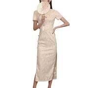 Short Sleeve Traditional Mini Cheongsam Mandarin Collar Chiense Style Qipao Vintage Bodycon Qipao Outfit, 08-beige, M