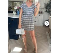 Short Sleeve V Neck Mini Dress In Grey And White Stripe CY Grey L
